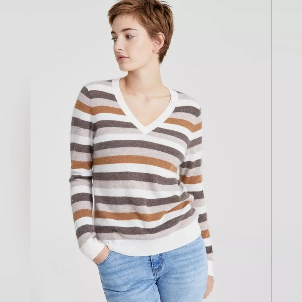 Charter Club Striped Cashmere V-Neck Sweater